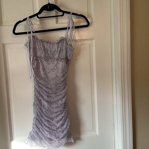 Katie J NYC lavender floral print rouched mini dress